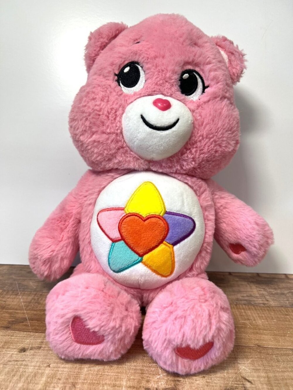 Care Bears Plush Pink Cheer Bear With Rainbow Heart Belly Badge